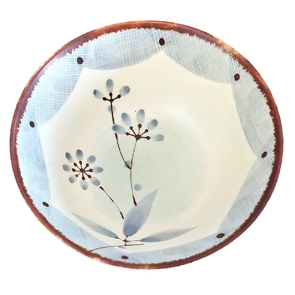Vintage Made in Japan Hand-Painted Cream Brown and Blue Floral Ceramic Rice Bowl